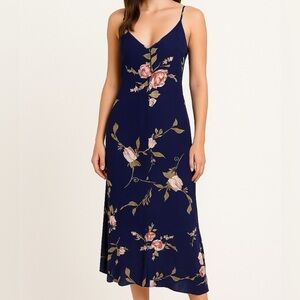 Reformed dress  SZ XS Navy blue Maxi V-neck Spaghetti strap floral print blue